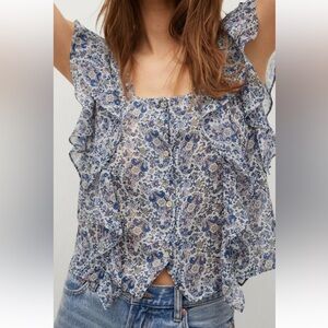 Mango Floral Blue Women's Top Sz L